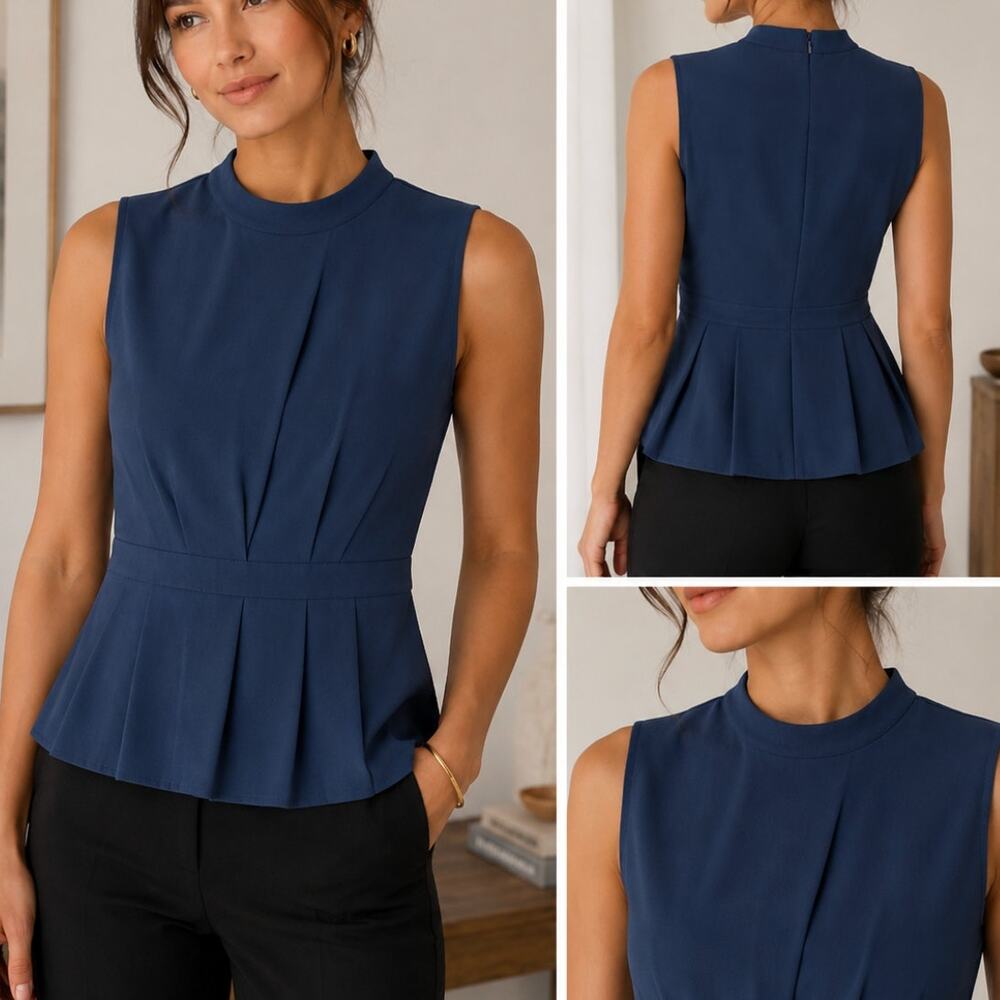 Club Monaco Blue Sleeveless Peplum Top Mock Neck Pleated Waist Office Minimalist